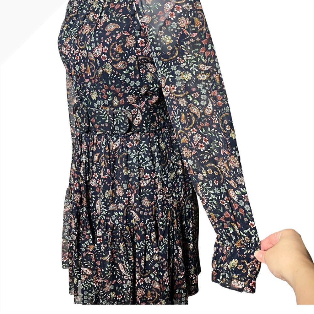 Nicholas Silk Floral Paisley Belted Mini Dress Navy Blue‎ Long Sleeve Size 4 - Picture 5 of 13